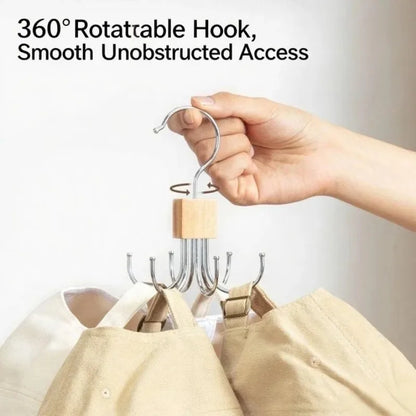 360° Rotating Storage Hanger Hook Multi-Claw Bag Metal Belts Rack Wooden Organizer for Bras Ties Scarves Household Closet