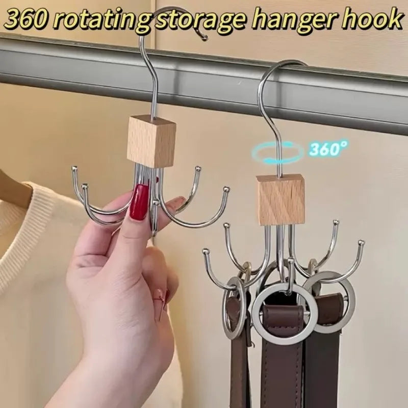 360° Rotating Storage Hanger Hook Multi-Claw Bag Metal Belts Rack Wooden Organizer for Bras Ties Scarves Household Closet