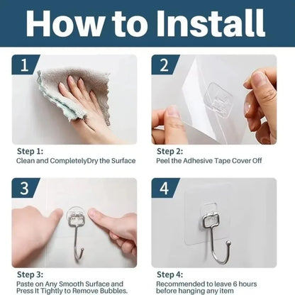 Big Size Hooks Heavy Duty Waterproof Adhesive Wall Hooks Nail-Free Transparent Waterproof Hooks for Kitchen Bathroom
