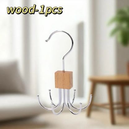 360° Rotating Storage Hanger Hook Multi-Claw Bag Metal Belts Rack Wooden Organizer for Bras Ties Scarves Household Closet