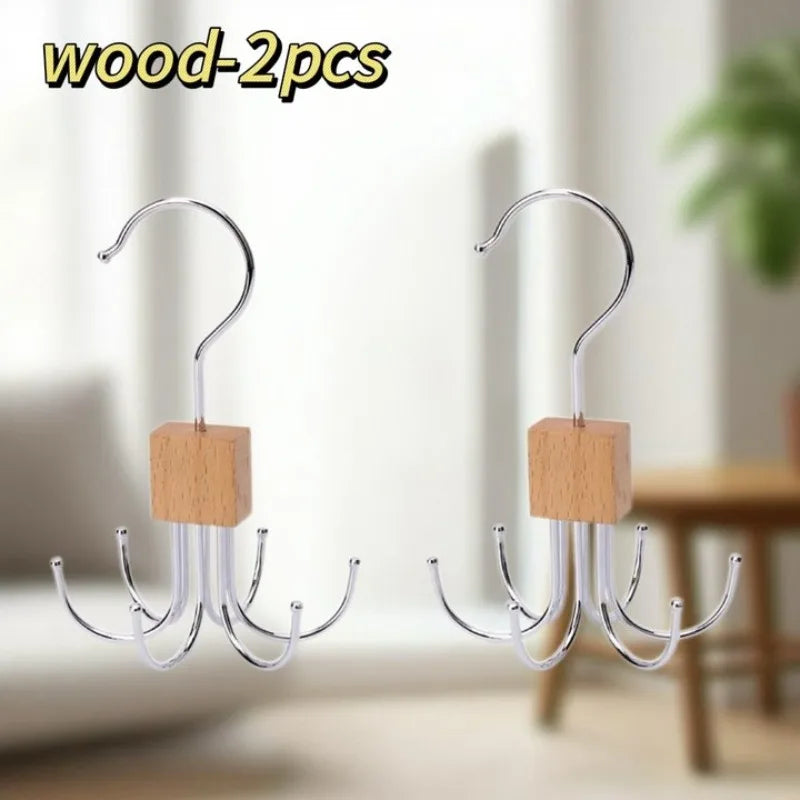360° Rotating Storage Hanger Hook Multi-Claw Bag Metal Belts Rack Wooden Organizer for Bras Ties Scarves Household Closet