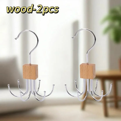 360° Rotating Storage Hanger Hook Multi-Claw Bag Metal Belts Rack Wooden Organizer for Bras Ties Scarves Household Closet