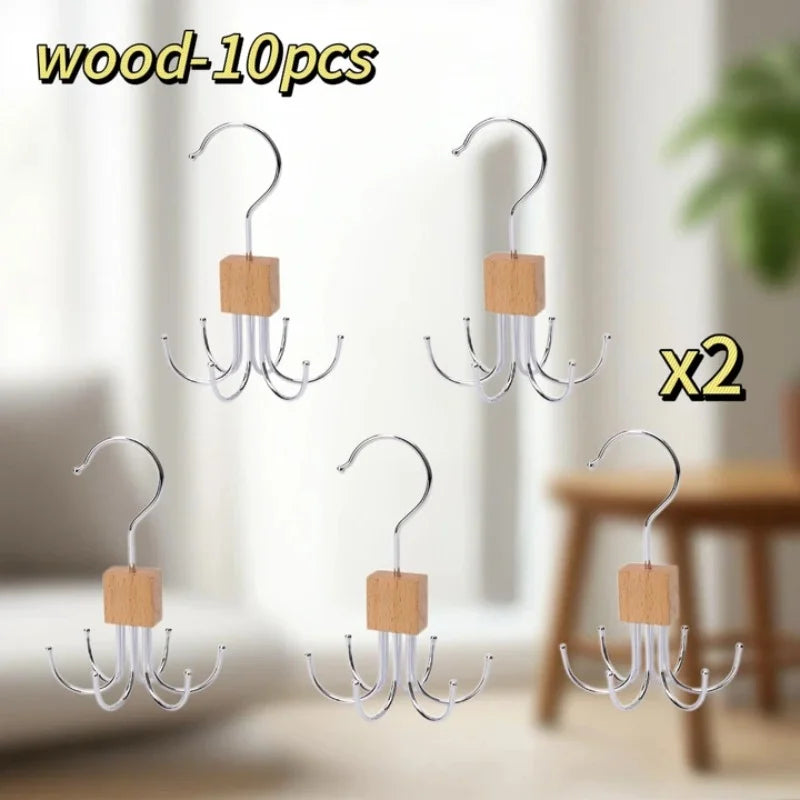 360° Rotating Storage Hanger Hook Multi-Claw Bag Metal Belts Rack Wooden Organizer for Bras Ties Scarves Household Closet