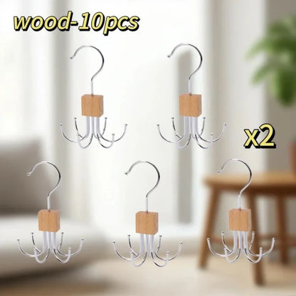 360° Rotating Storage Hanger Hook Multi-Claw Bag Metal Belts Rack Wooden Organizer for Bras Ties Scarves Household Closet