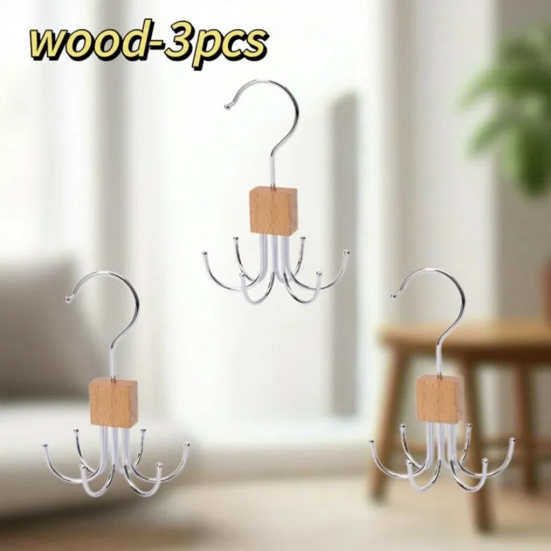360° Rotating Storage Hanger Hook Multi-Claw Bag Metal Belts Rack Wooden Organizer for Bras Ties Scarves Household Closet