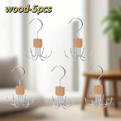 360° Rotating Storage Hanger Hook Multi-Claw Bag Metal Belts Rack Wooden Organizer for Bras Ties Scarves Household Closet
