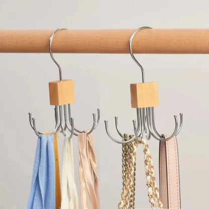 360° Rotating Storage Hanger Hook Multi-Claw Bag Metal Belts Rack Wooden Organizer for Bras Ties Scarves Household Closet